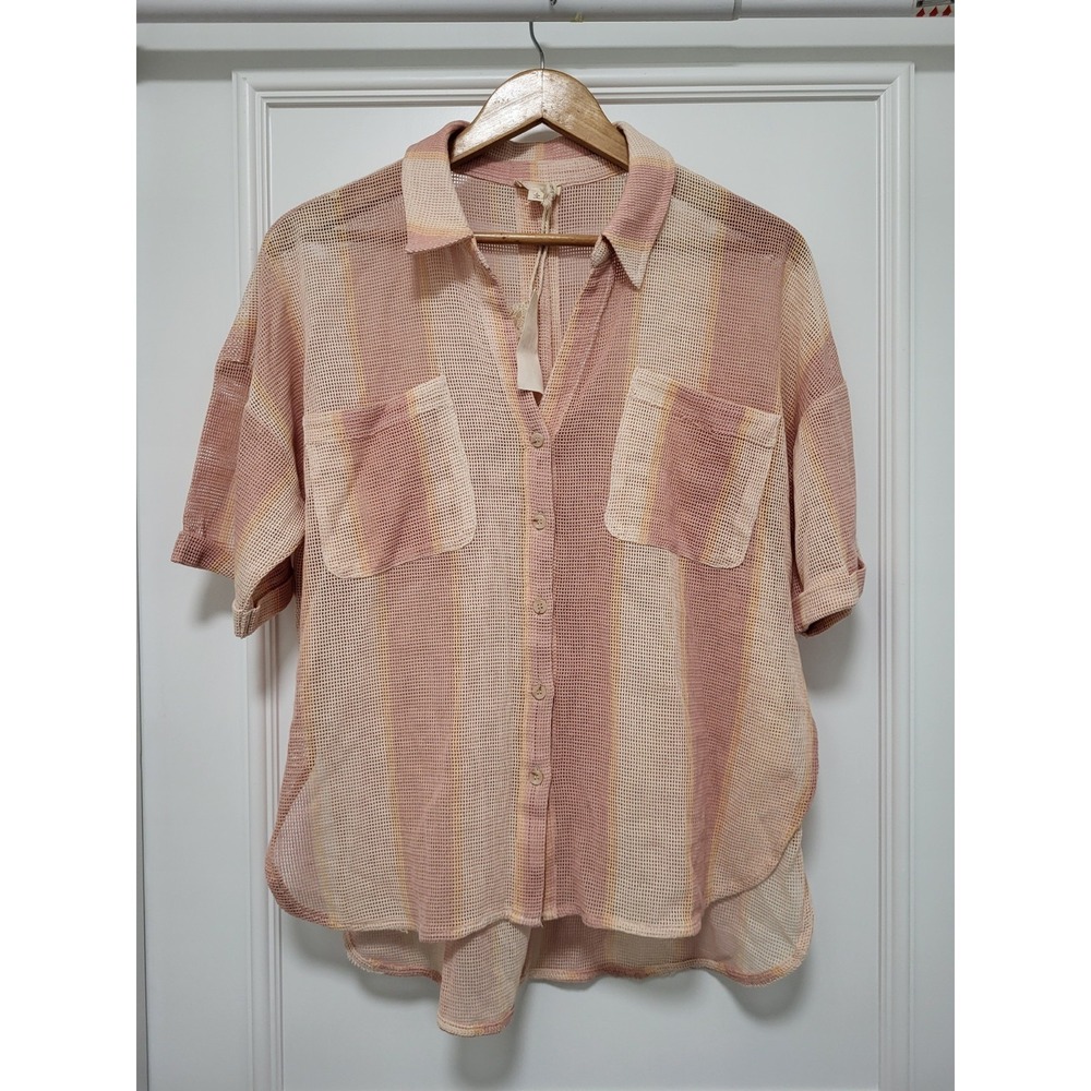 New Knit Mesh Beach Oversized Button Up Shirt Pockets Mauve Sz L